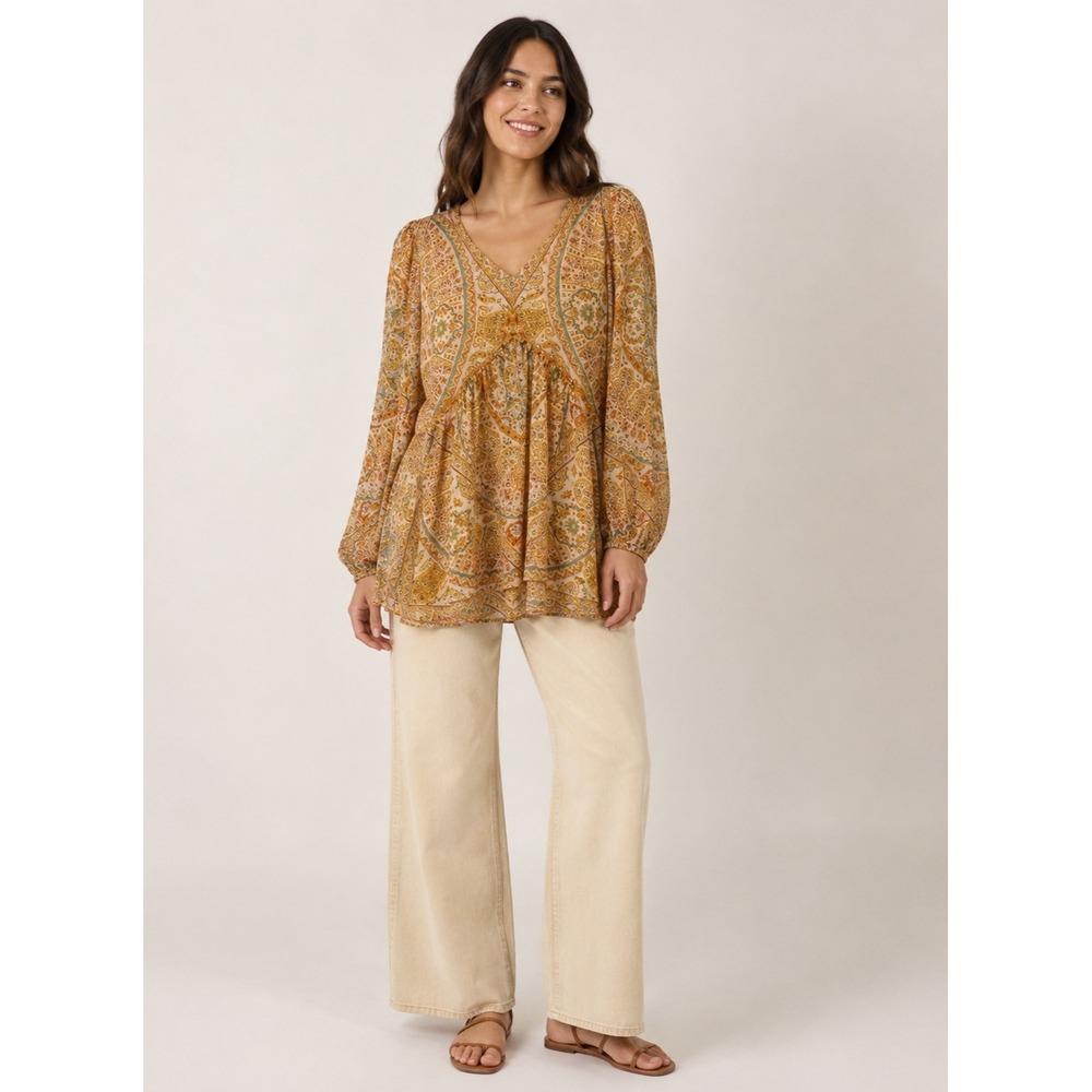 Rose + Olive Lined Flowy Hippie Top‎ Womens Small Orange Metallic Gold Polyester